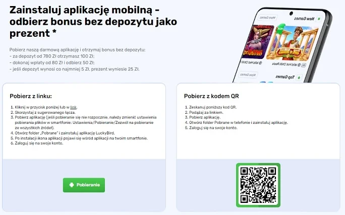 Strona aplikacji LuckyBird Casino