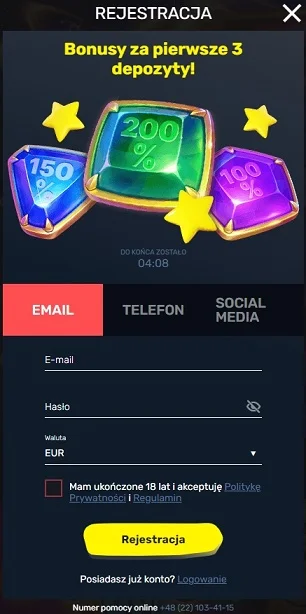 Formularz rejestracyjny casino Slottyway